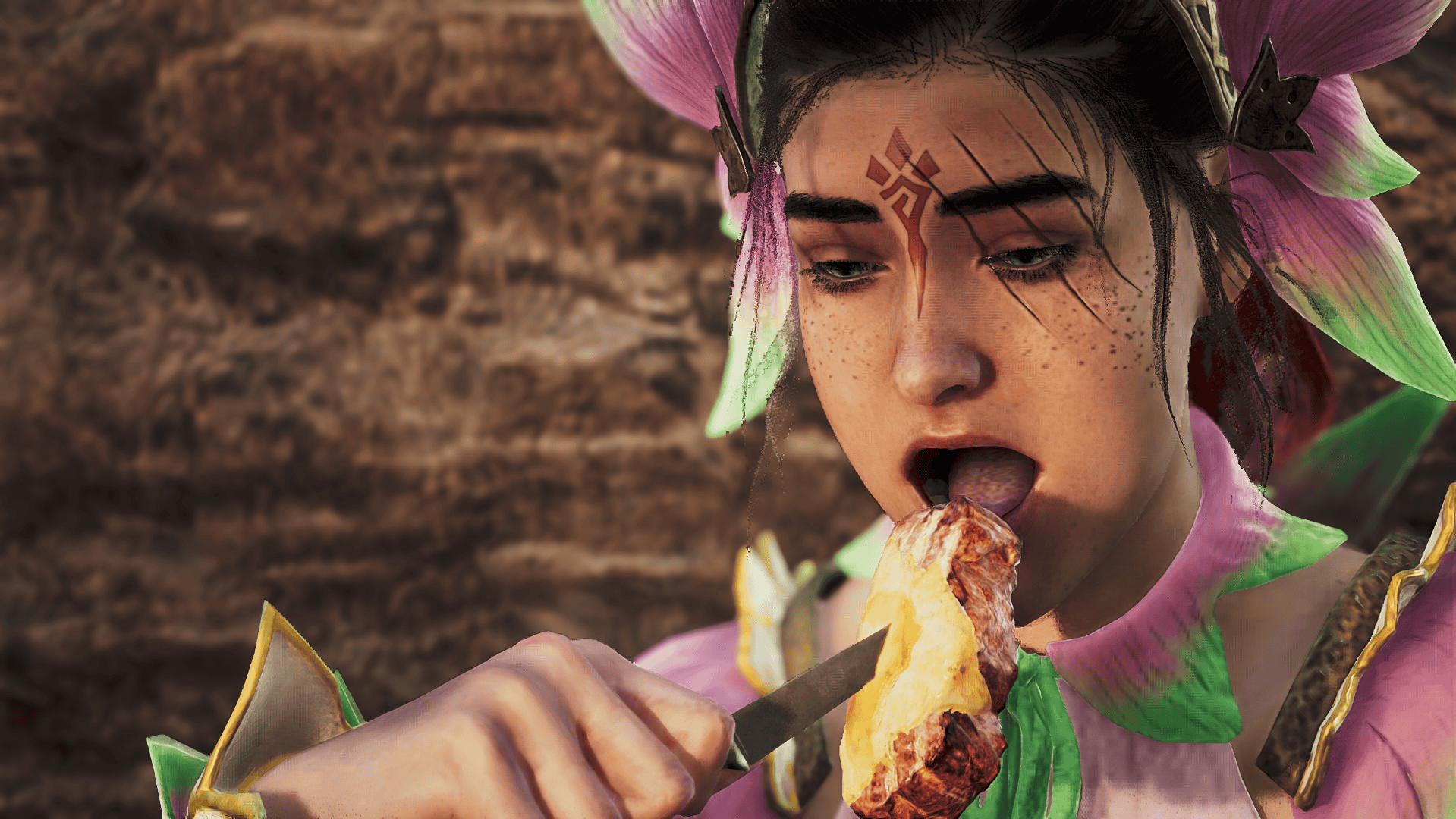 Screenshot from Monster Hunter Wilds of a female hunter eating food
