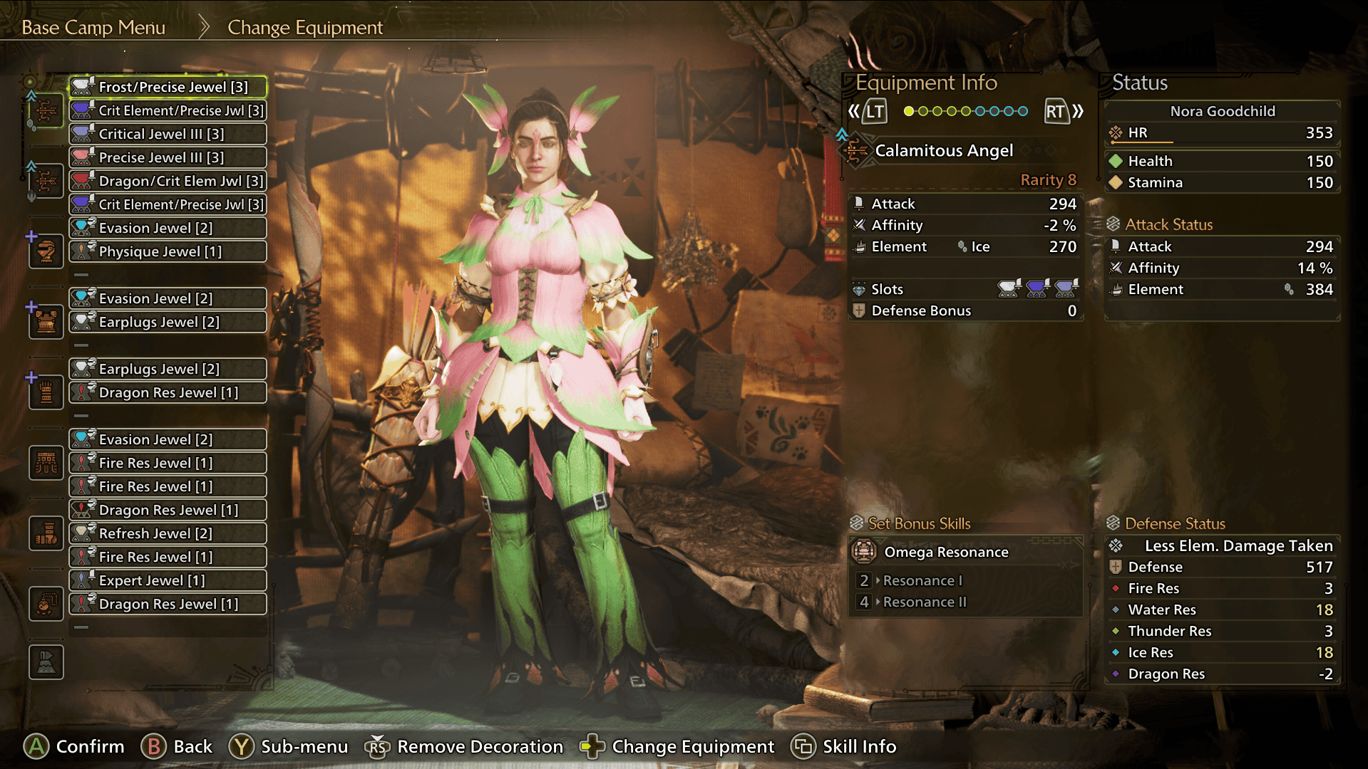 Screenshot from Monster Hunter Wilds showing the menus for equipping decorations