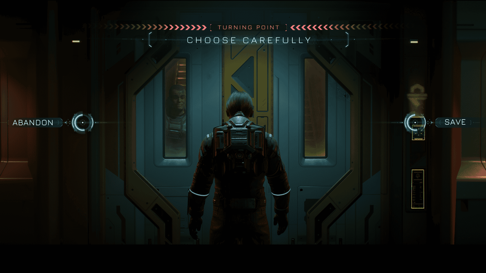 A lady stands facing a pair of sci-fi doors. Through a window in the doors, a man is seen begging to be let in. Text at the top reads 'Turning Point: Choose Carefully', while two options are presented. On the left, 'Abandon', and on the right, 'Save'. Screenshot from Directive 8020.