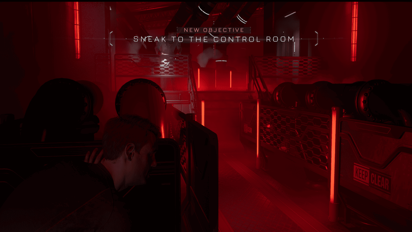 A man hides behind cover in a sci-fi environment, while another man looks for him. Text at the top reads, 'New Objective: Sneak To The Control Room' - Screenshot from Directive 8020
