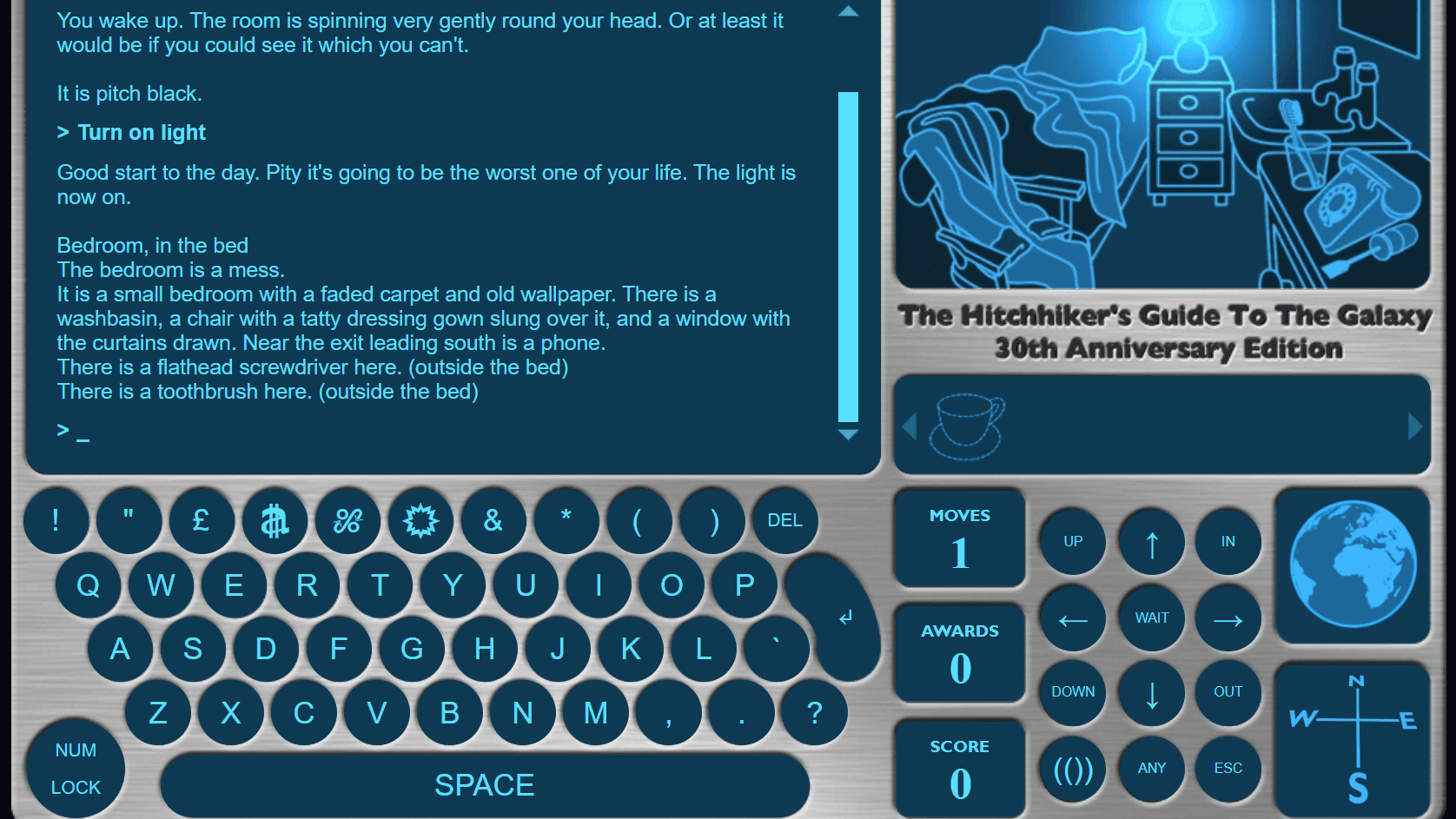 Image shows the interface of the HItchhiker's Guide to the Galaxy text adventure anniversary edition, showing a text window in the top right containing descriptions of actions and surroundings, a keyboard below, a pixelated image of the surroundings (an unmade bed, a beside table and lamp, a sink, a dresser holding a toothbrush, rotary telephone, and scredriver), and below a display of game stats: moves, awards, and score, along with a compass showing north, south, east, and west. 