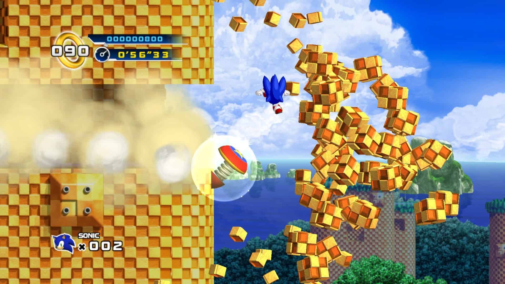 Sonic 4 screenshot of Sonic crashing through a wall