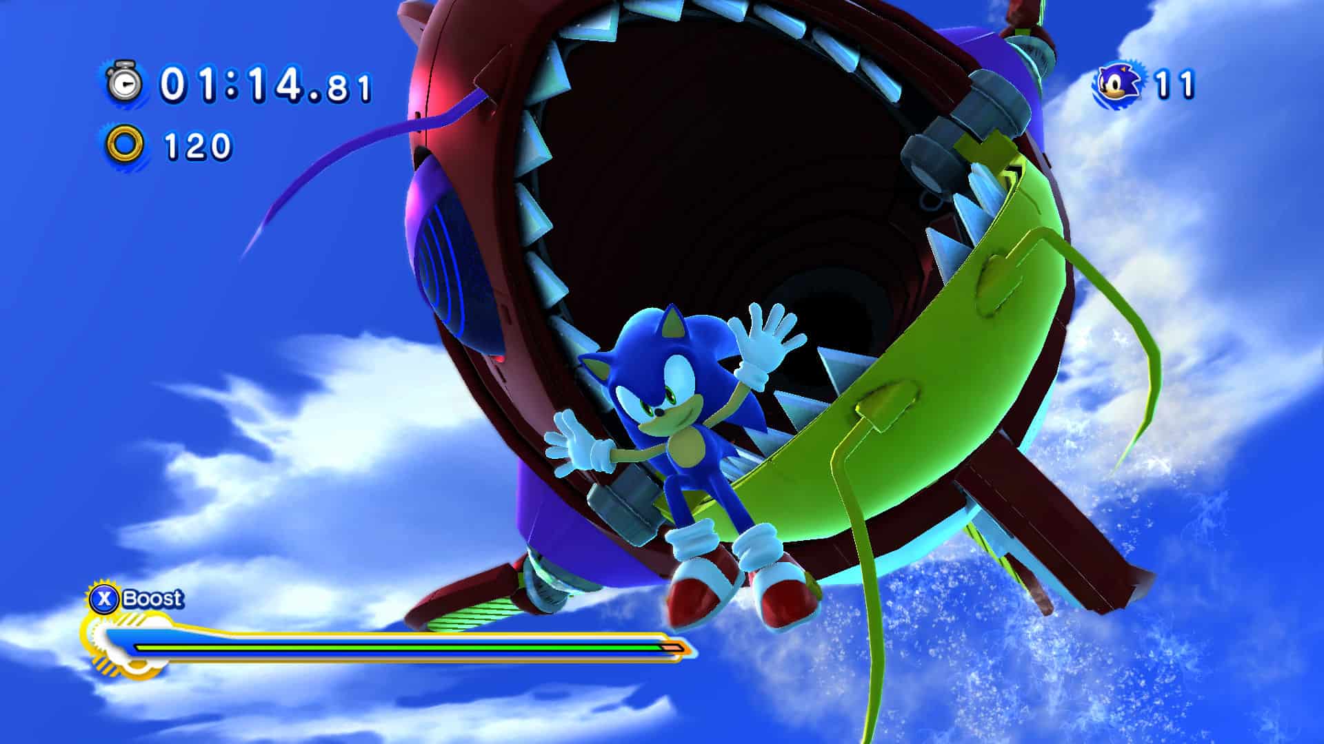 Sonic Generations giant fish chomping at Sonic's back