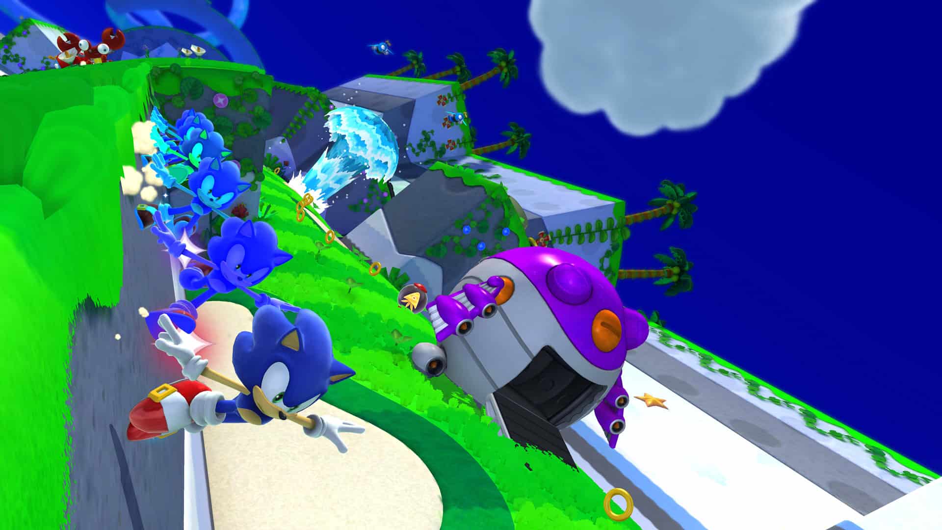 lost world screenshot of sonic running with ghosts of himself behind him