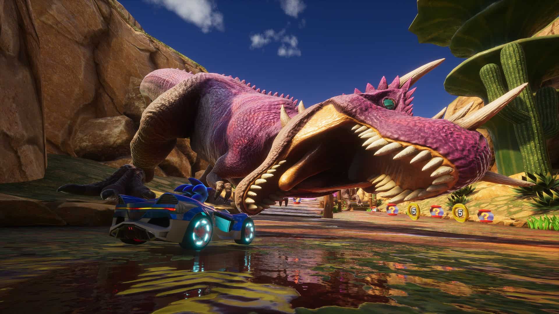Screenshot of Sonic Racing: Crossworld of Sonic driving right into a horned dinosaur's mouth