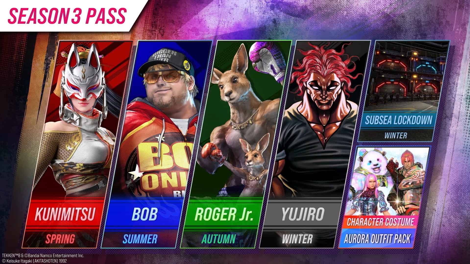 The Tekken 8 Season 3 pass featuring the four characters, the Subsea Lockdown stage and the Aurora Outfit Pack
