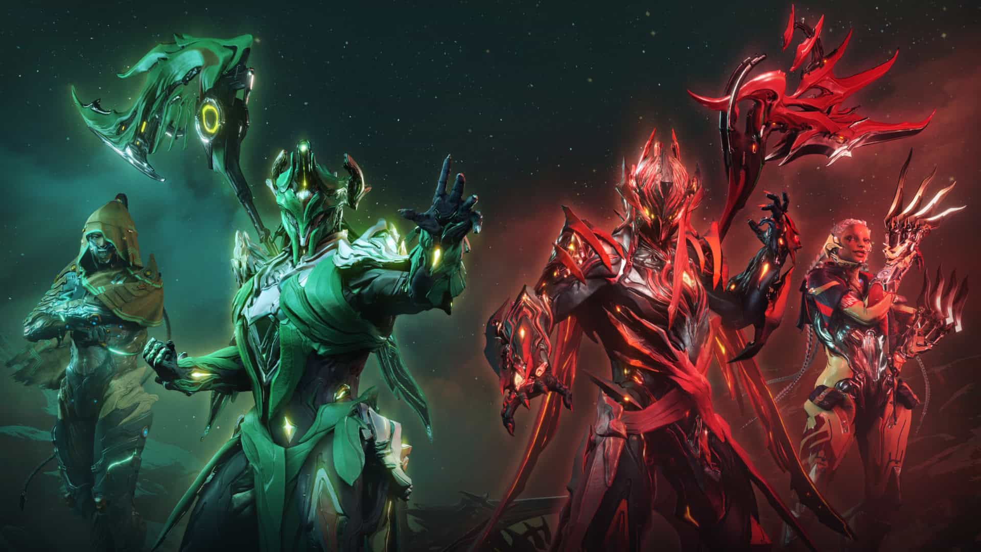 Warframe Sirius Orion and protoframes, green and red