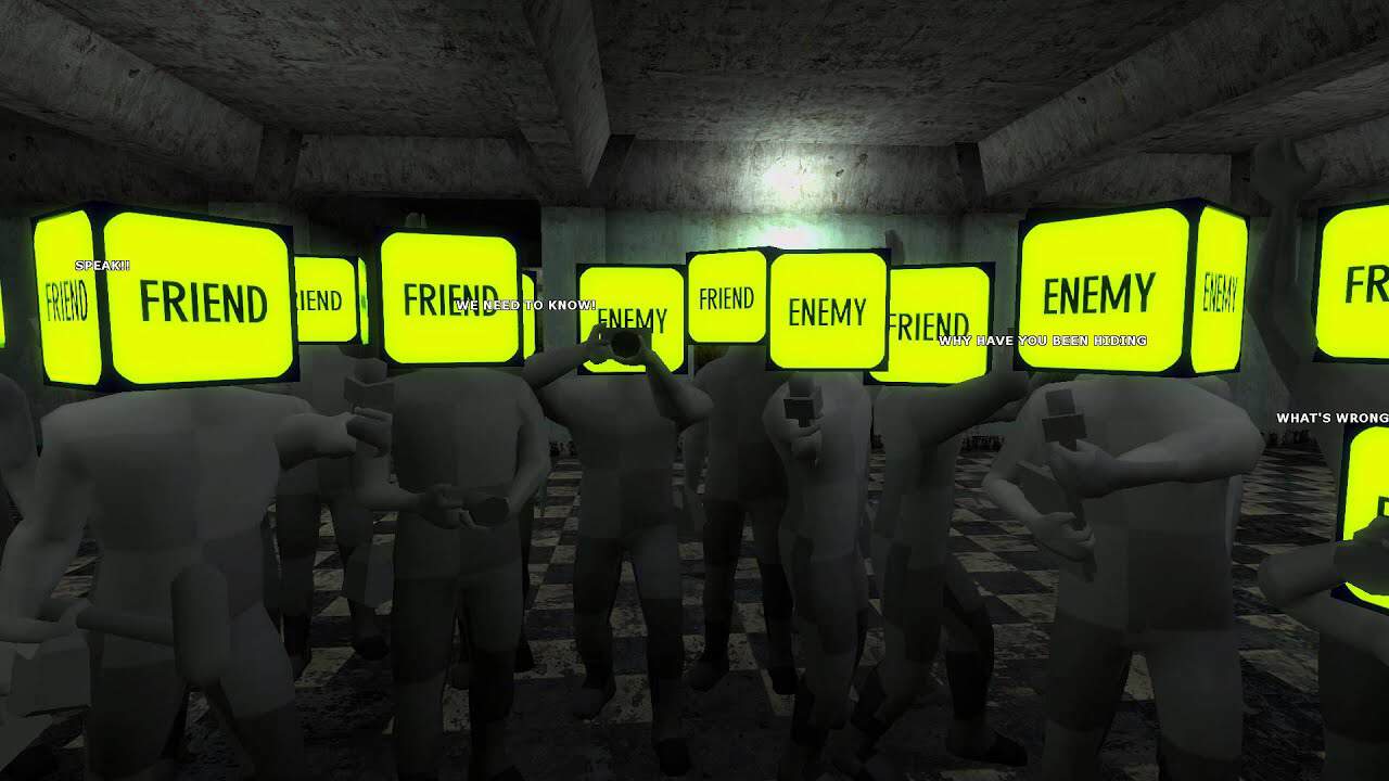 Faceless generic bodies with green squares for heads labeling them as either "friend" or "enemy" crowing around the player.
