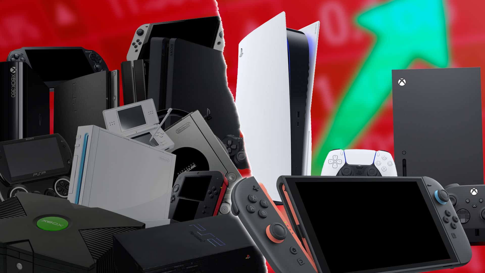 Images of previous console generations hardware side-by-side to PS5, Switch 2, and Xbox Series X
