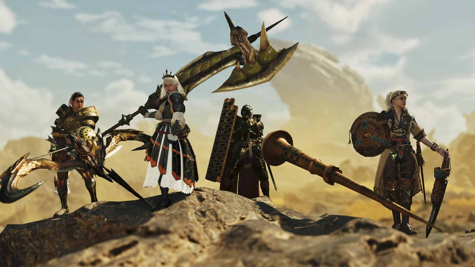 Screenshot of four hunters wielding four different weapons between them with a backdrop of a plains-like environment