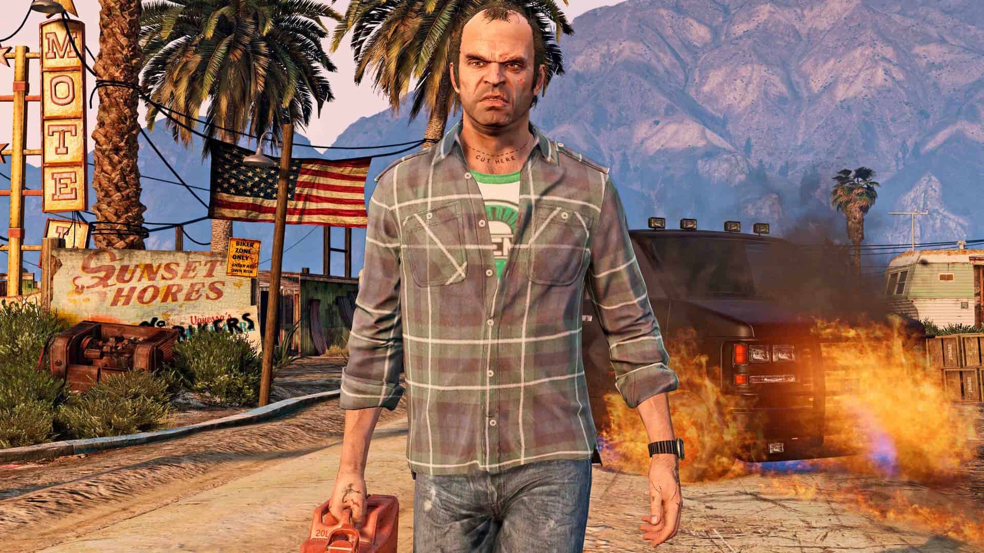 gta v Trevor with a burning car behind him