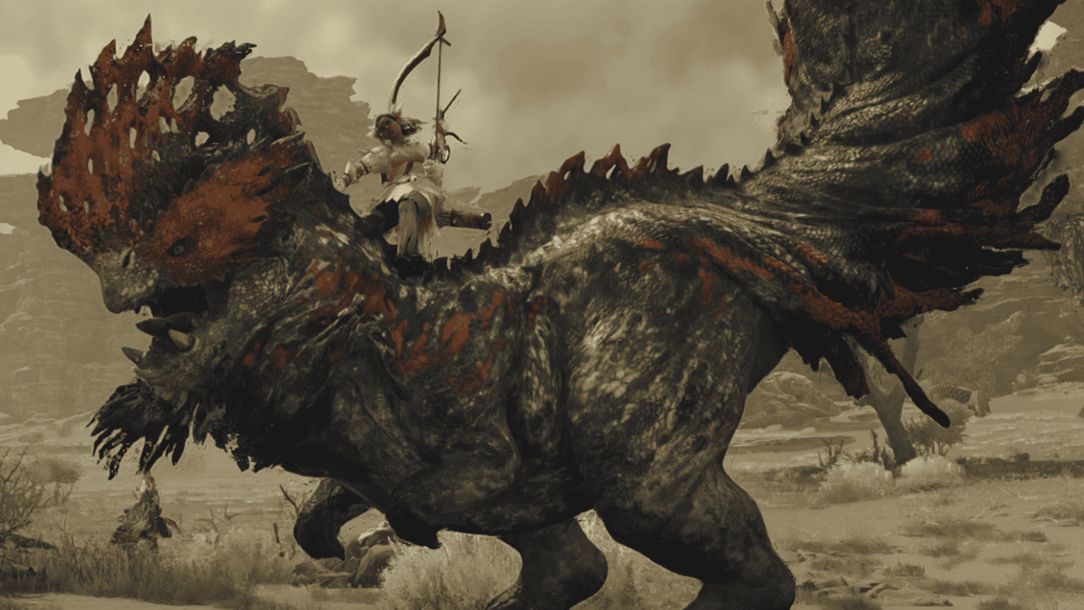 Screenshot from Monster Hunter Wilds showing a bow wielding female hunter riding on the back of a Quematrice - a chicken-like monster