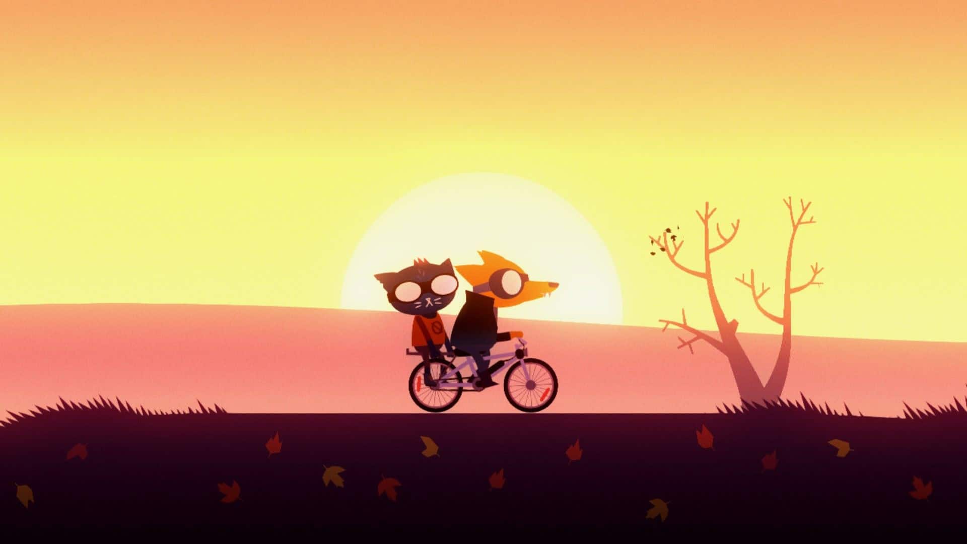 Main character Mae riding a bike with her chaotic best friend Gregg with a sunset behind them