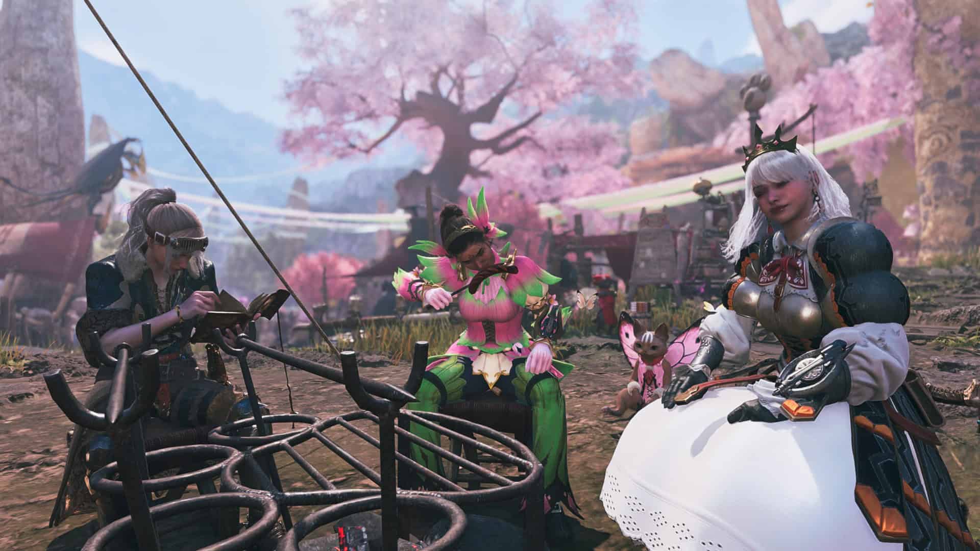 Screenshot from Monster Hunter Wilds showing three female hunters gathered around a grill
