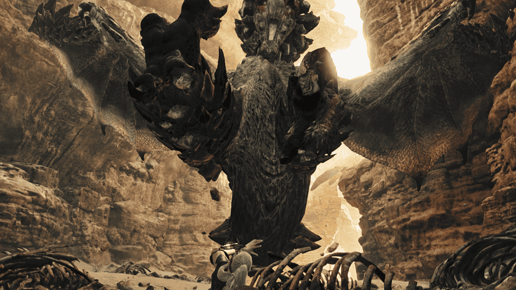 Screenshot from Monster Hunter Wilds of Seregios, a flying wyvern, flying down to grab a female hunter