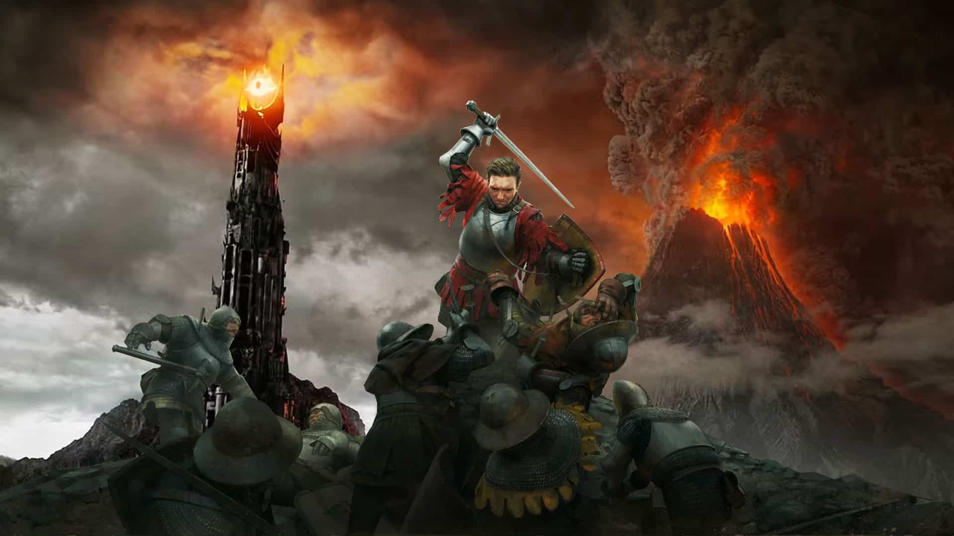 Edited image of Kingdom Come main character Henry with LOTR's Sauron Tower in the background