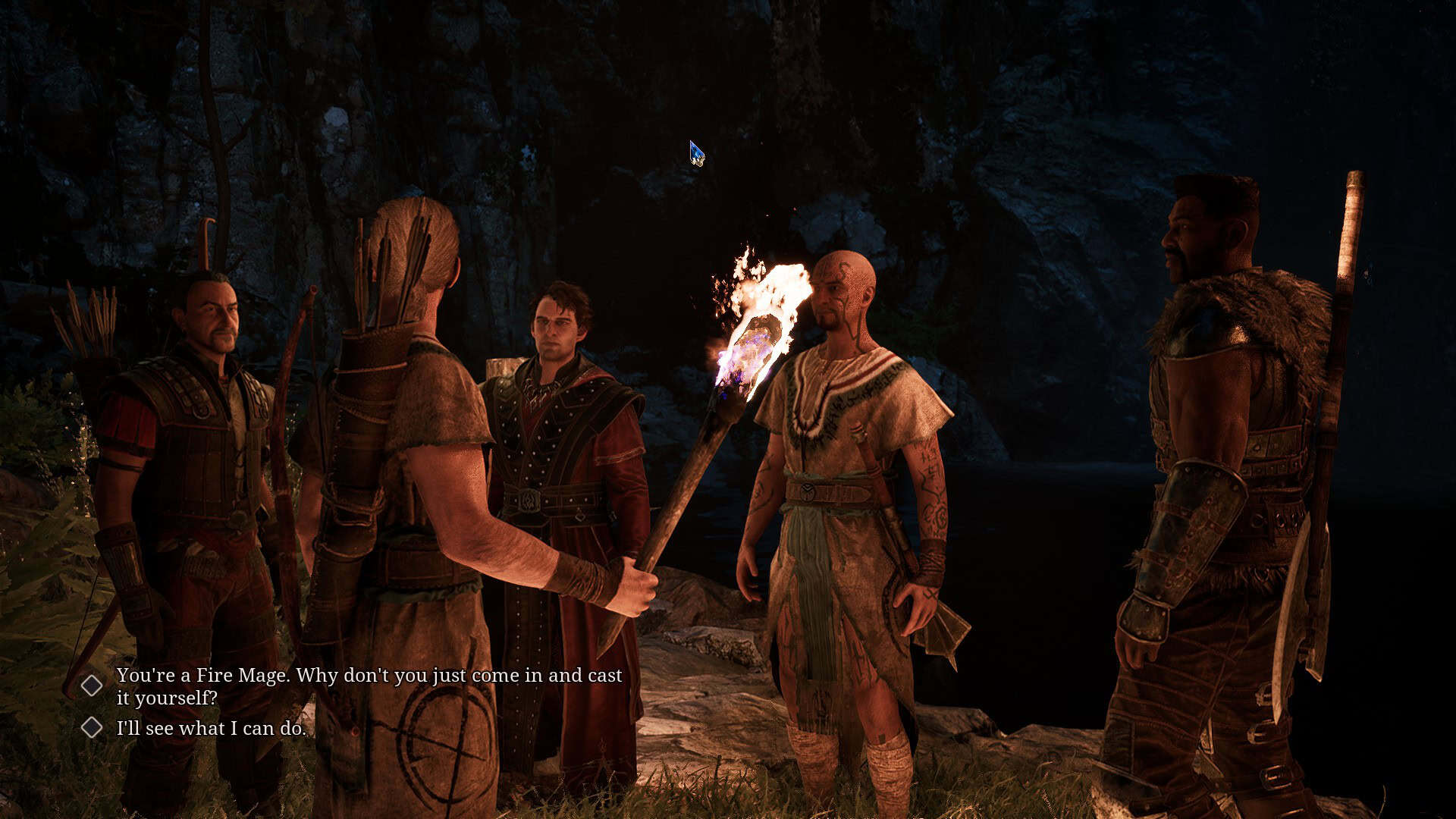 Nameless Hero talking to four characters: Gorn, Diego, Milten and Lester