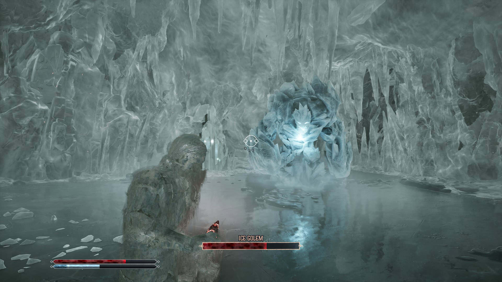 Nameless Hero being frozen by an ice golem