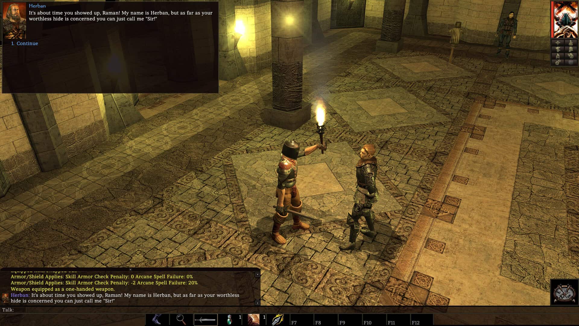 Neverwinter Nights Screenshot showing an isometric view of a poorly armored character holding a torch talking to a well armored NPC.