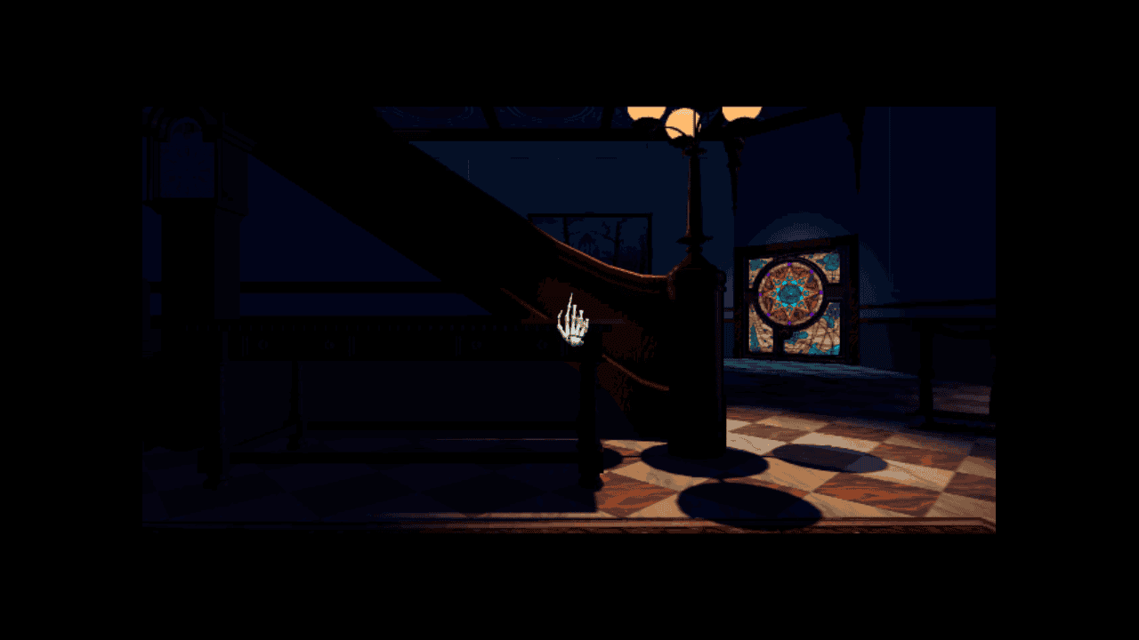 From the original 7th Guest game, a shot of the downstairs foyer, a dimly lit space near the foot of a grand staircase, showing an ornate light fixture and a marble tiled floor and beyond an elaborate art nouveau stained glass front door depicting an eight pointed star, each of the points containing a question mark. Floating in the middle of the screen is a small skeleton hand with the index finger raised as if to say "no"