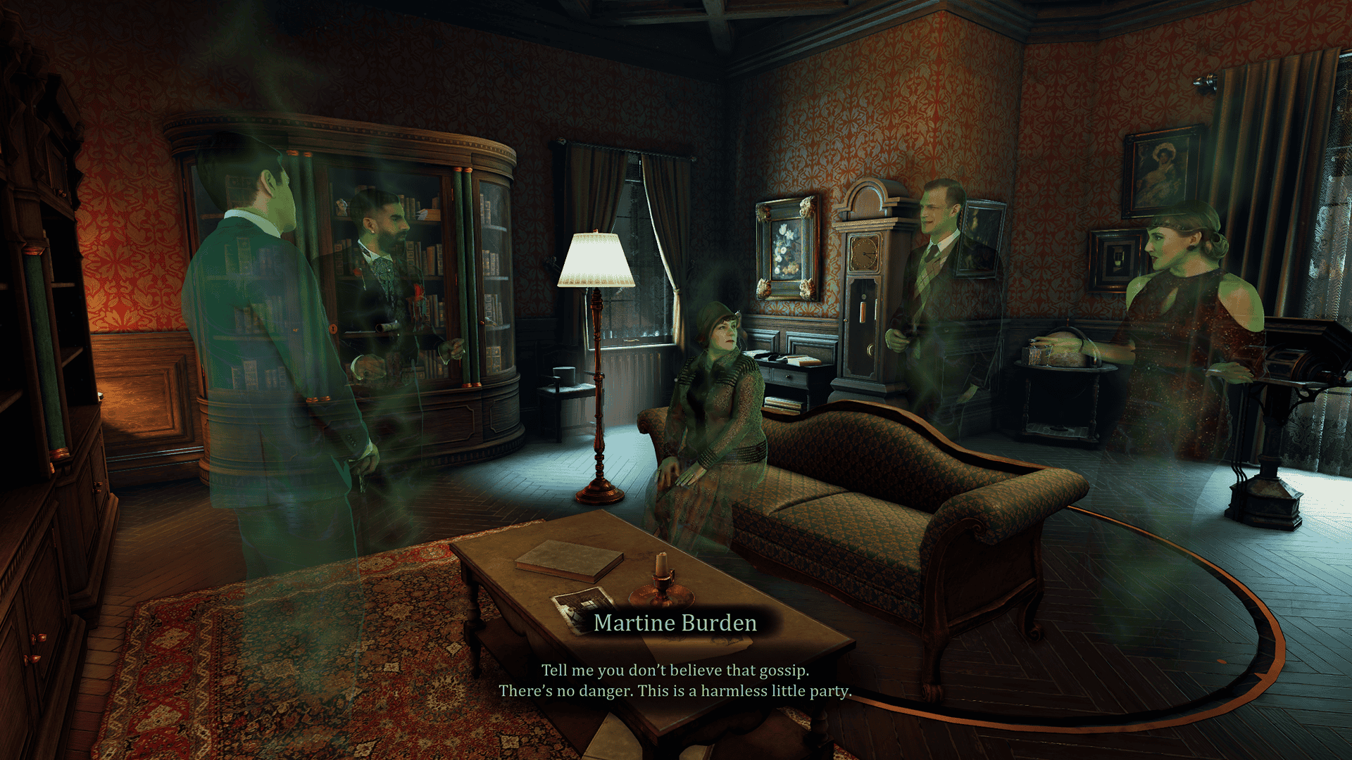 in a 1930s style library of a mansion, ghostly figures gather around a coffee table, all wearing clothes from the period. One woman is seated on a settee, a man and another woman sit behind her, and two more men stand on the other side of the coffee table near a bookshelf. The woman behind the settee seems to be scoffing at something, the man next to her seems similarly skeptical, and the rest seem somewhat anxious. Subtitles at the bottom of the screen read "Martine Burden: Tell me you don't believe that gossip. There's no danger. This is a harmless little party."