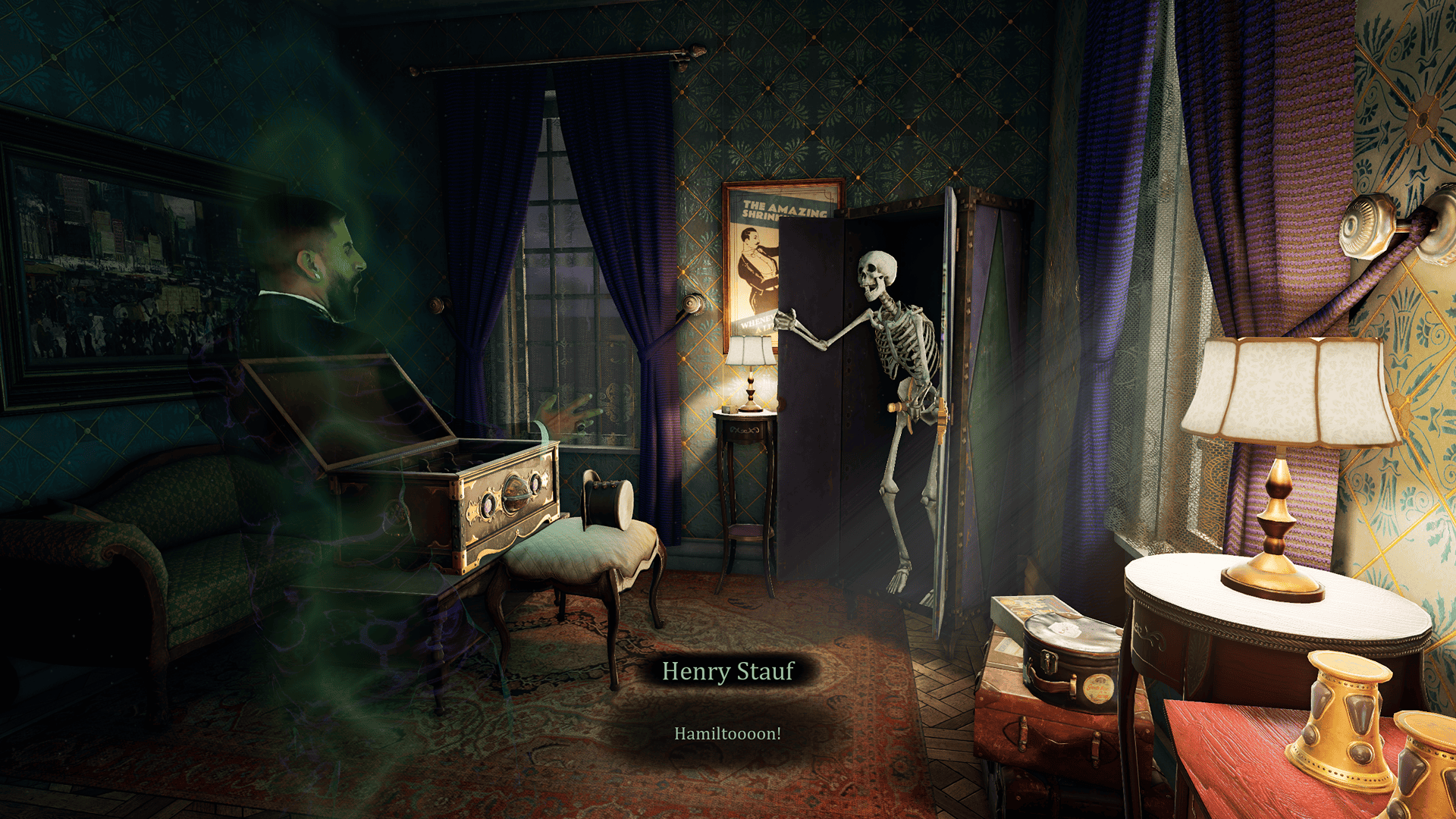 A bedroom displaying stage magician memorabilia and paraphernalia, soflty lit by lamps. Rain can be seen falling out a large window. A large sword box in the corner has flown open, to reveal a skeleton stabbed through the middle by the supposed trick sword. The skeleton is leaning forward and reaching out for the ghostly figure of the magician guest, Hamilton Temple, who stands a few feet in front of the sword box with his hands raised in alarm. A caption reads "Henry Stauf: Hamiltooon!"