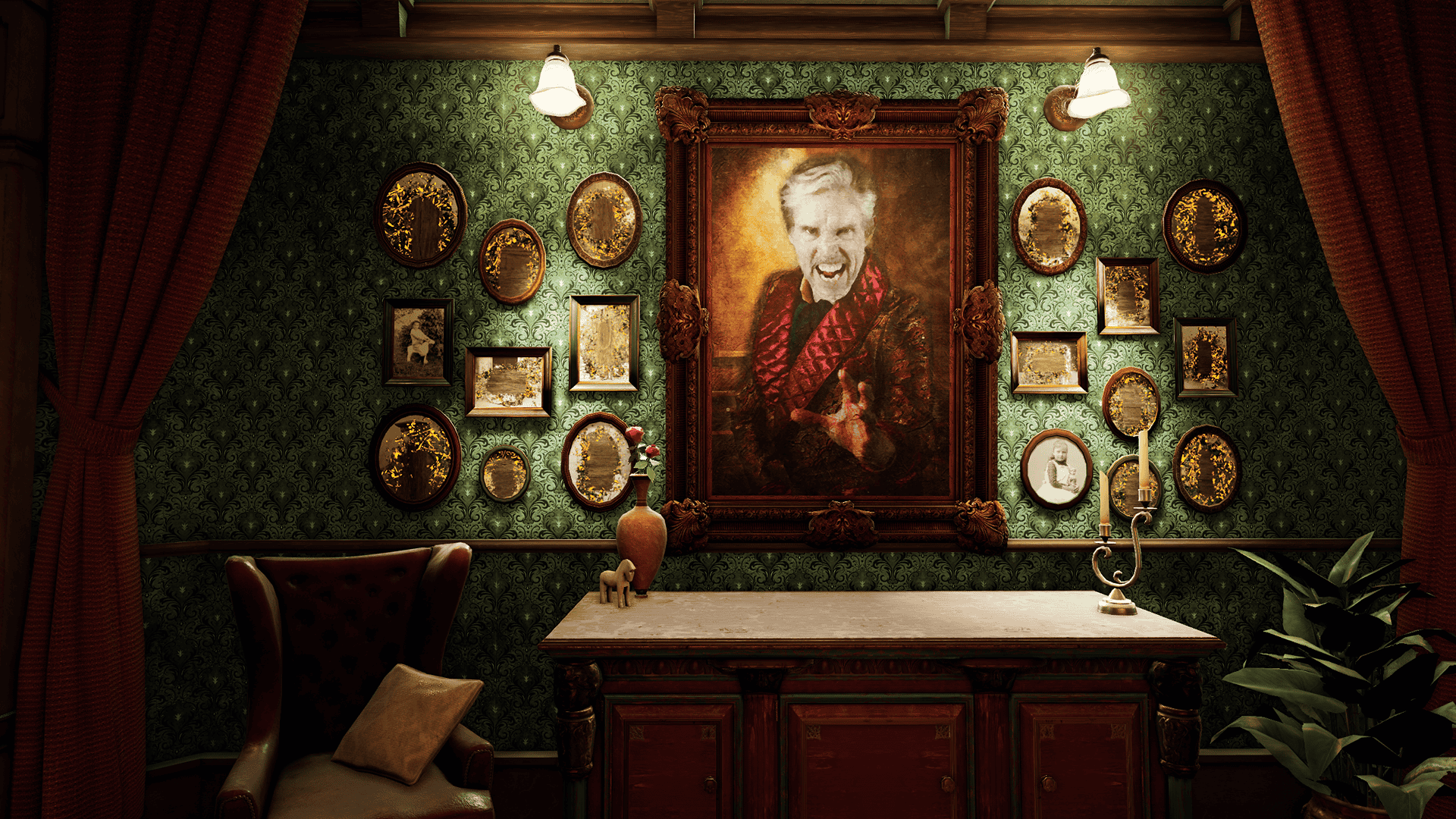 A wall of old-fashioned portraits, one very large one with smaller framed portraits on either side in varying and shapes. Many of the smaller frames seem to have had their pictures burned away. The large portrait of an old man in a dressing gown is snarling and reaching toward the viewer with flames in the background. His eyes seem to be glowing.