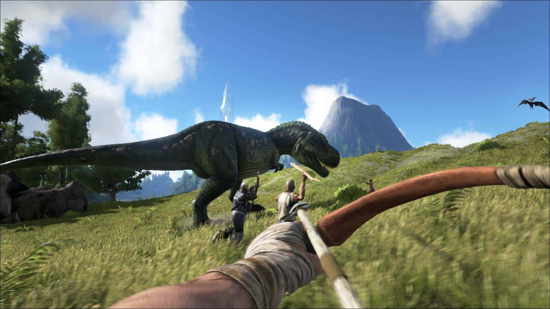 Fighting dinosaurs in Ark Survival Evolved.