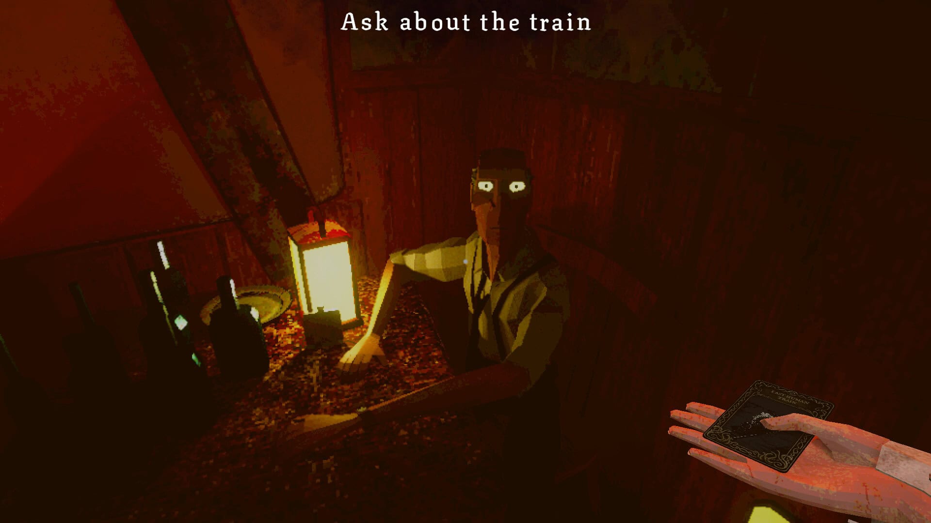 A man looking at the player character, who's holding a card with a train on it. Text at the top says "ask about the train"