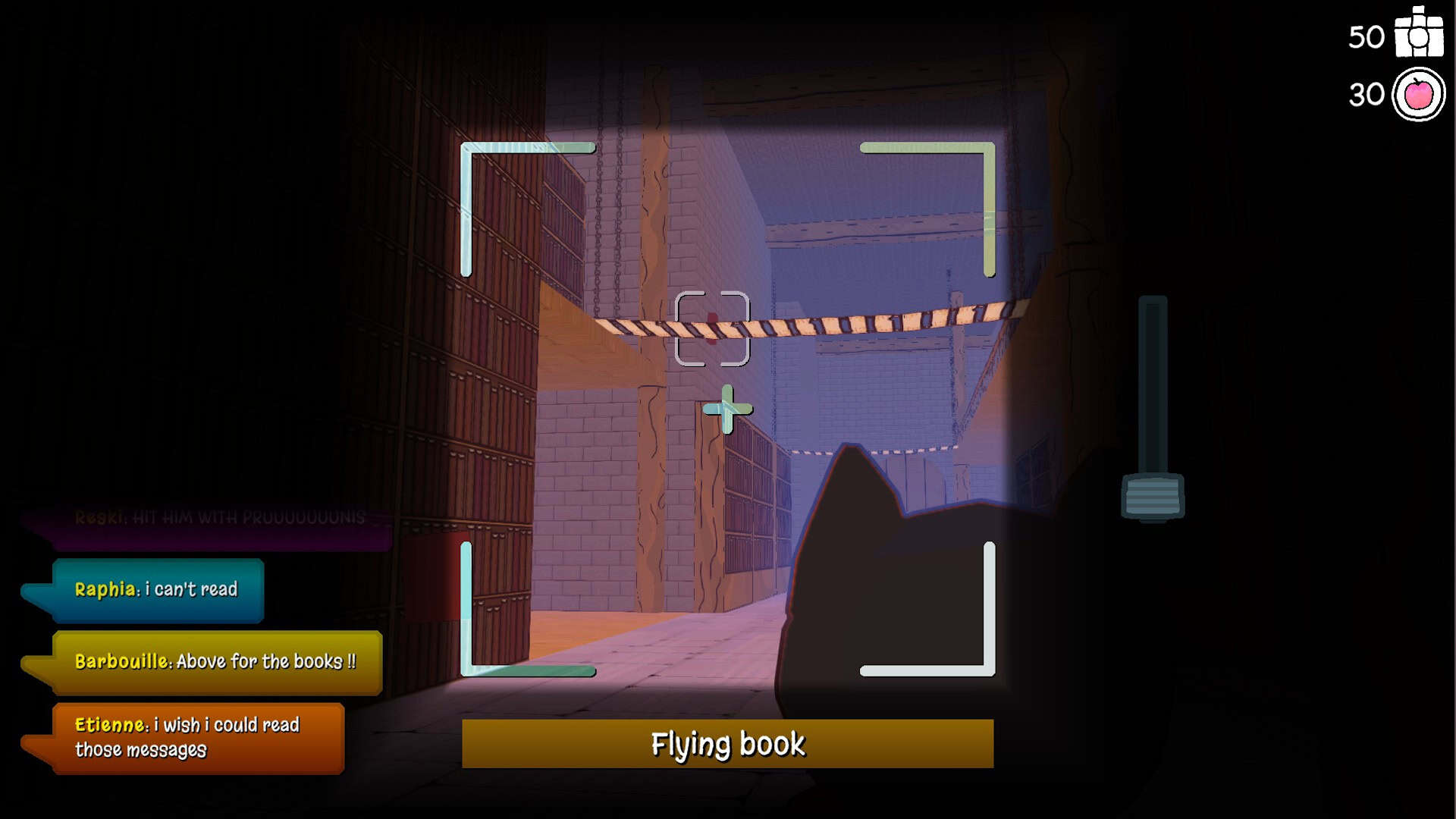 Player taking a photo of a flying book in a dungeon. In the corner, chat from other players.