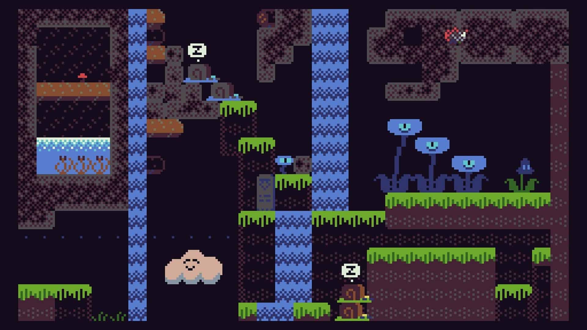 A room with various creatures: blue and green snails, flowers with eyes, and a cloud with a happy face