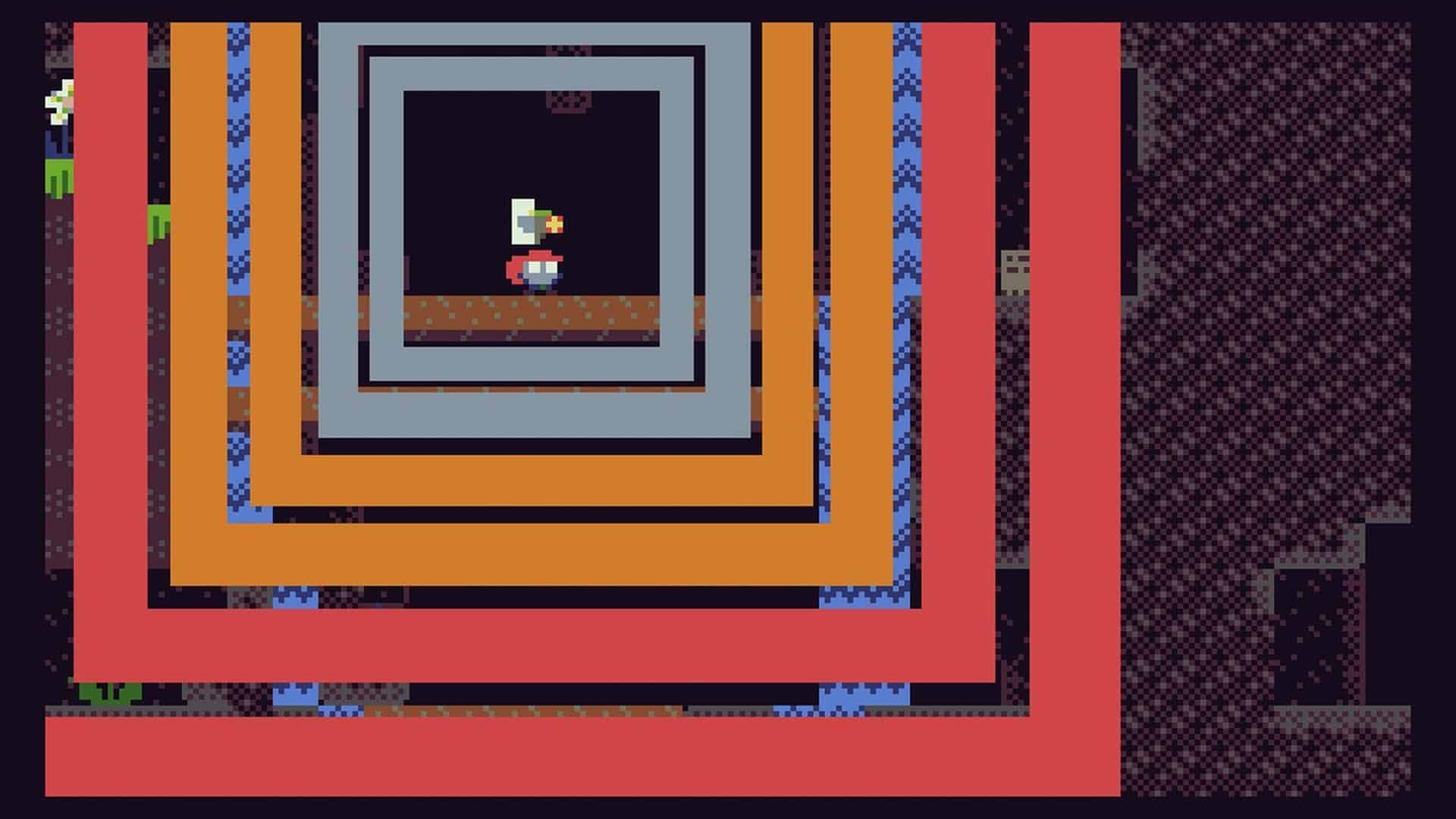 An explosion of colorful squares upon collecting an item in EMUUROM