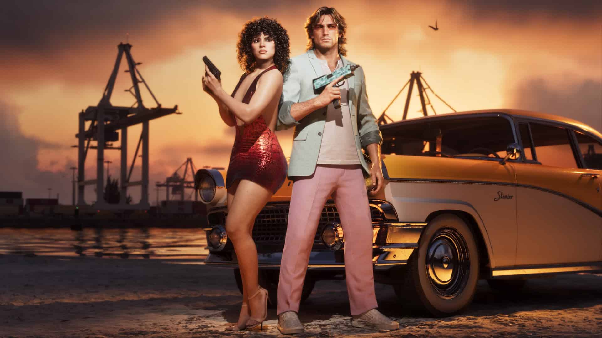 Screenshot of Jason and Lucia in GTA6 Ultimate Edition's Vintage Vice City Pack