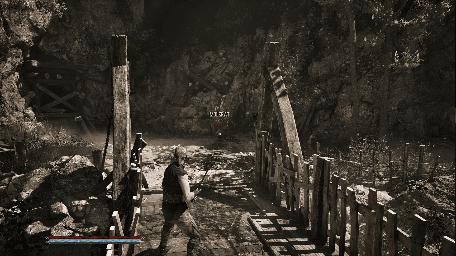 Gothic 1 Remake Screenshot showing the protagonist, wearing rags and holding a sword, standing on a bridge and facing a molerat.