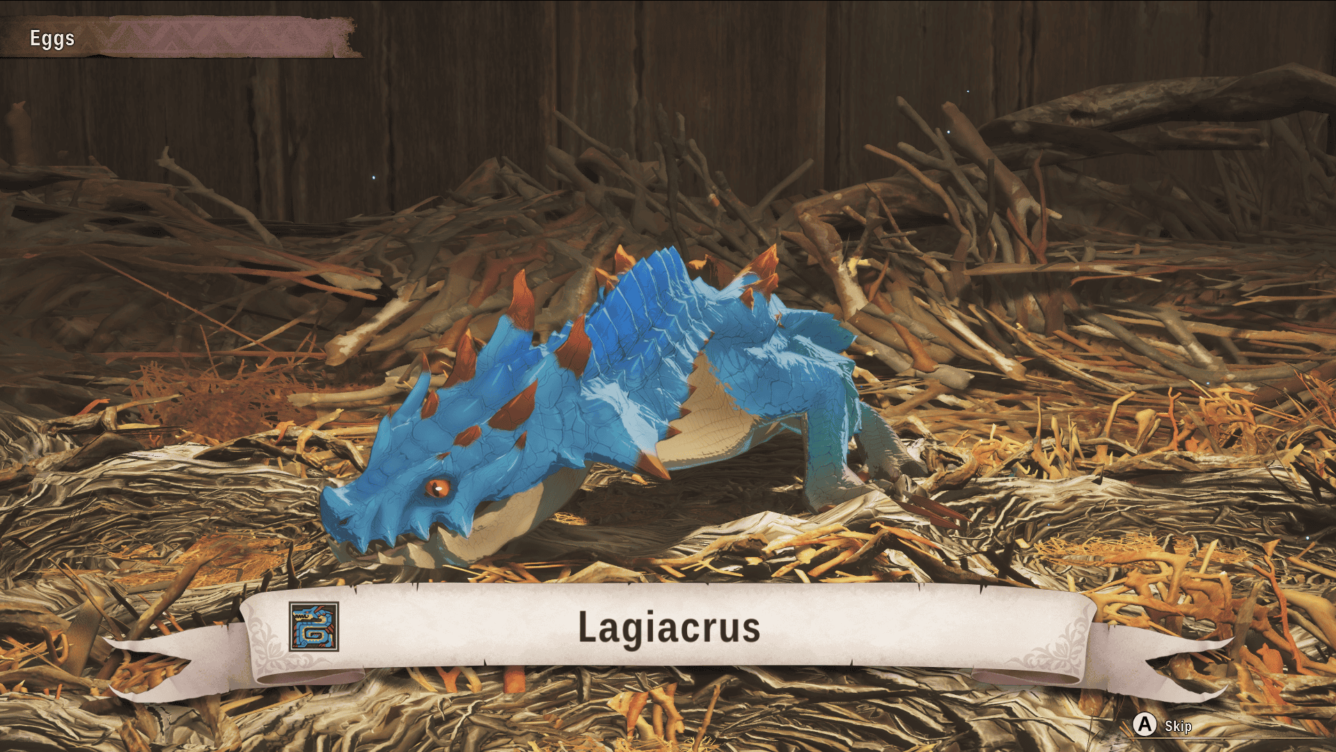 A screenshot from Monster Hunter Stories 3 showing a bright blue baby leviathan-like monster, Lagiacrus.