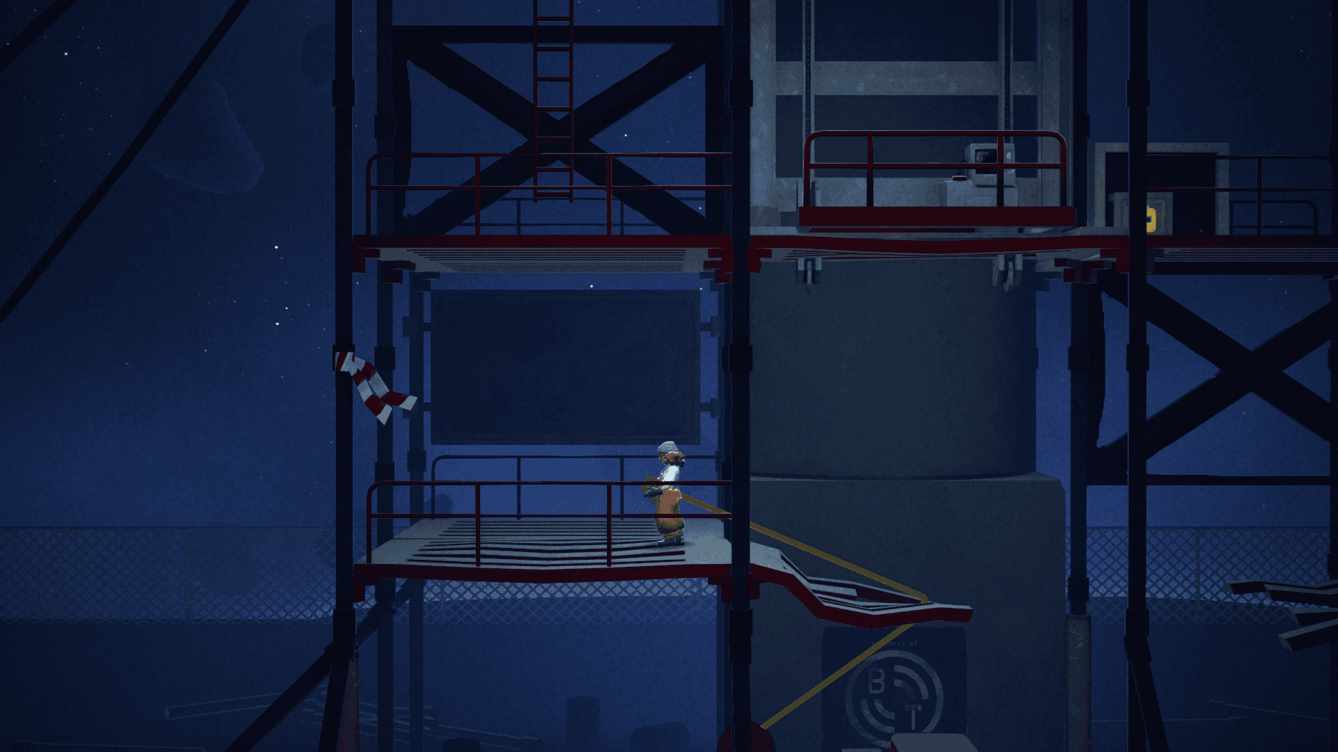 The protagonist working on a tower