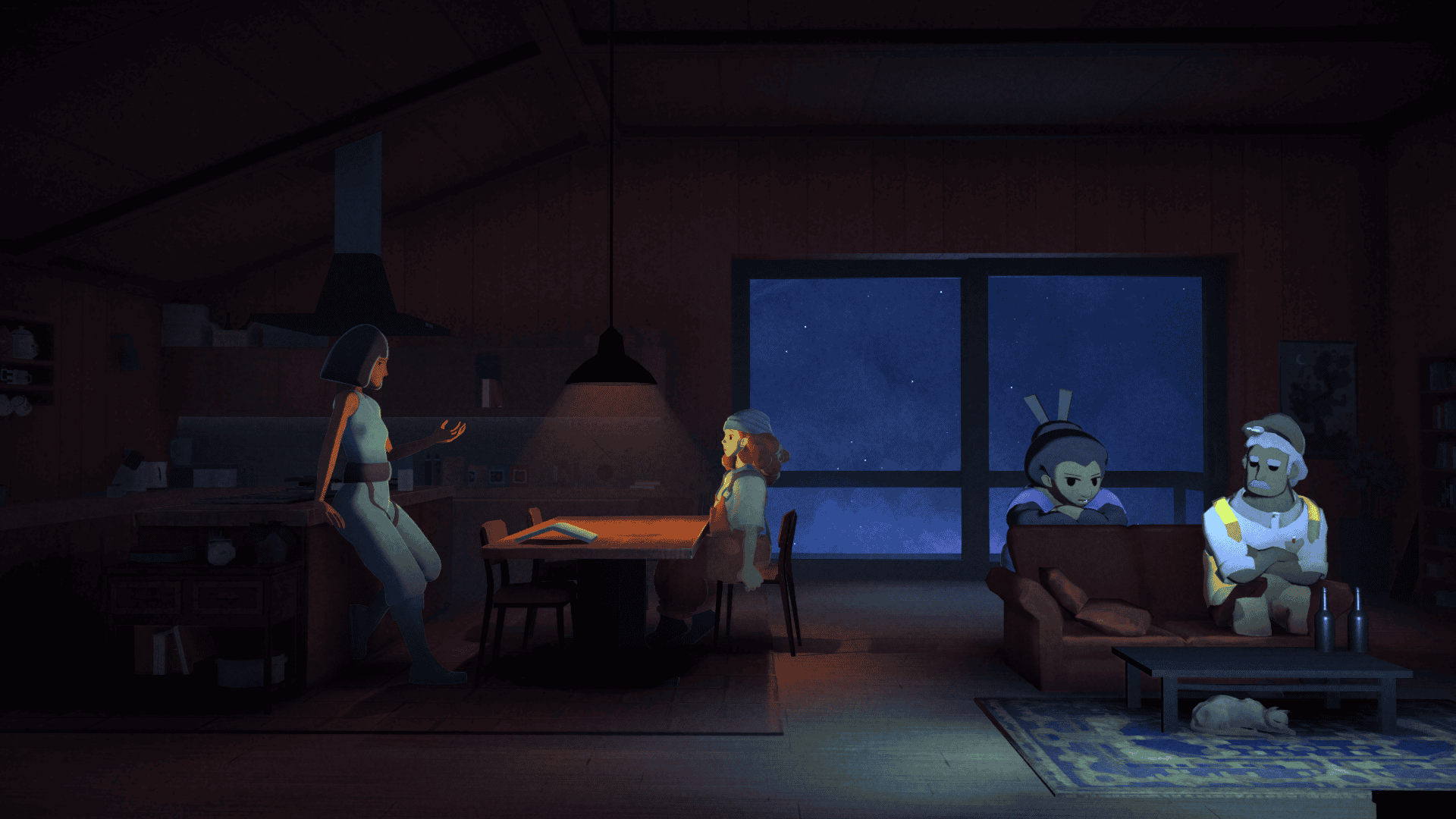 The protagonist sitting at a table with other crewmates in the same room, including an older gentleman, a lady with two sticks in her hair, and a younger character leaning on a counter