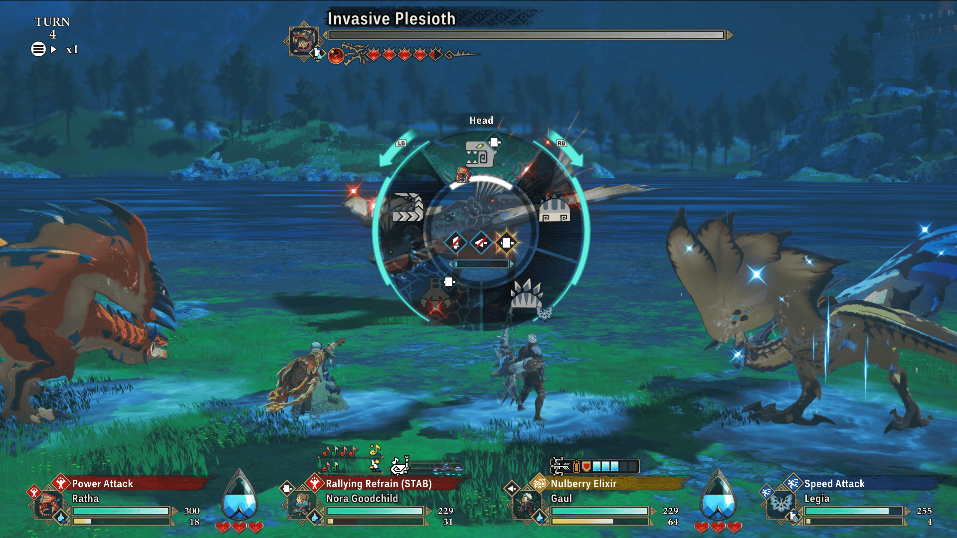Screenshot from Monster Hunter Stories 3 showing a hunter, her companion, and their Rathalos and Legiana monsties facing off against an invasive Plesioth, a fish-like monster. The targeting wheel is displayed , with the hunter targeting the monster's head.