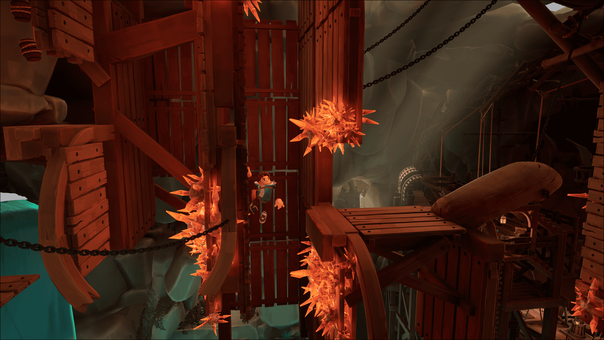 A small cartoon guy in a blue hoodie with brown spiky hair clings to a tall wooden beam across from a platform made of wooden planks. More panels of wooden planks can be seen in the background, as well as a cave with light filtering down from the top left. There are large spiky orange glowing crystals growing from various parts of the wooden beams and platforms.