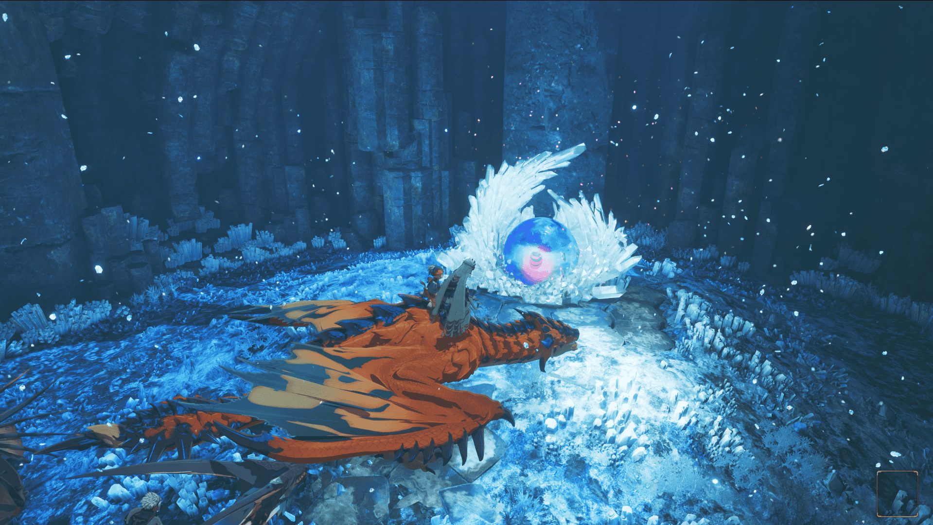 Screenshot from Monster Hunter Stories 3 of a rider and her palico, Rudy, riding on their Rathalos. They are inside a crystallized cave, observing a pinkish endangered species egg encased in crystal.