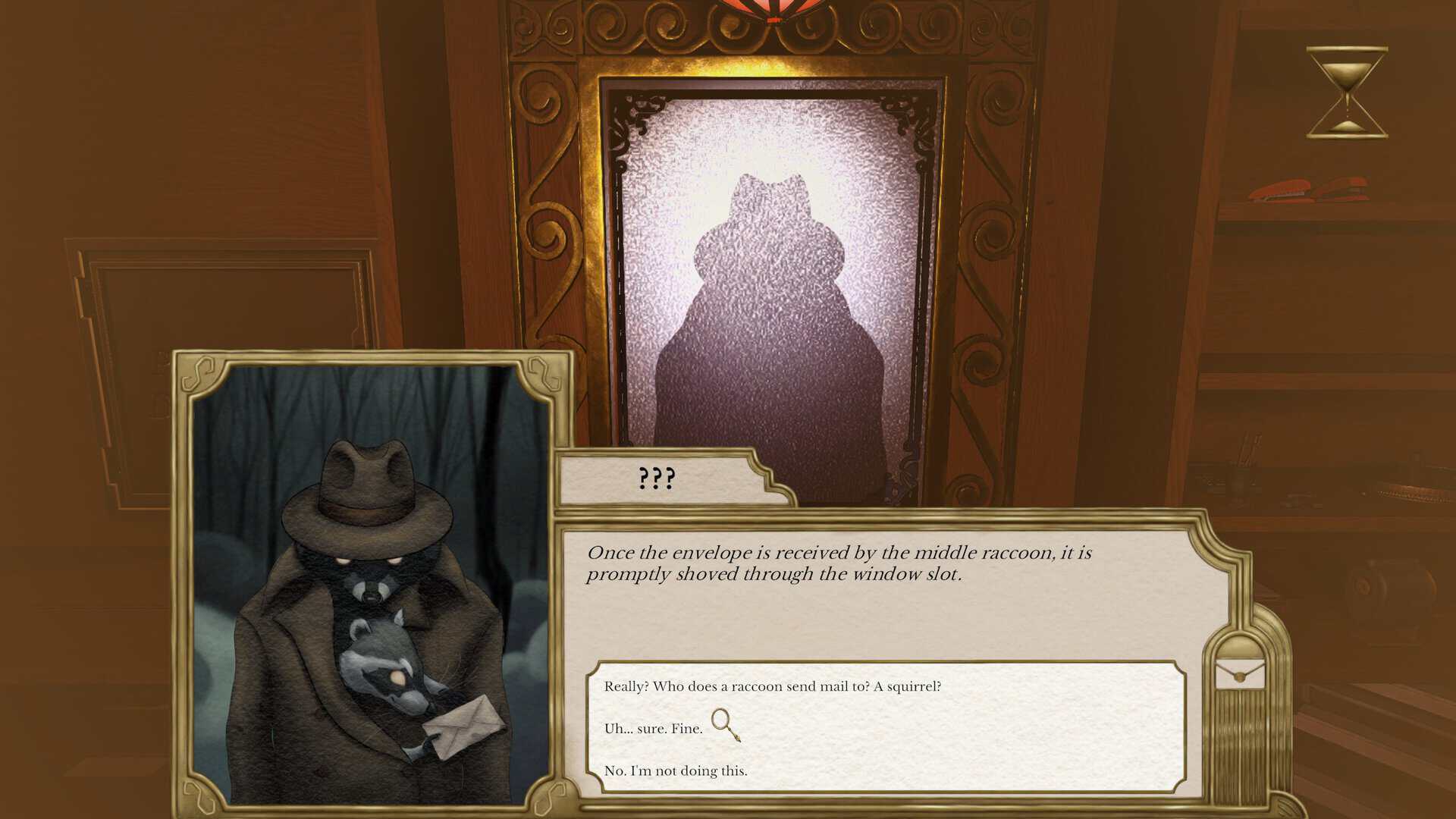 A screenshot of a raccoon in a trench coat in Letter Lost