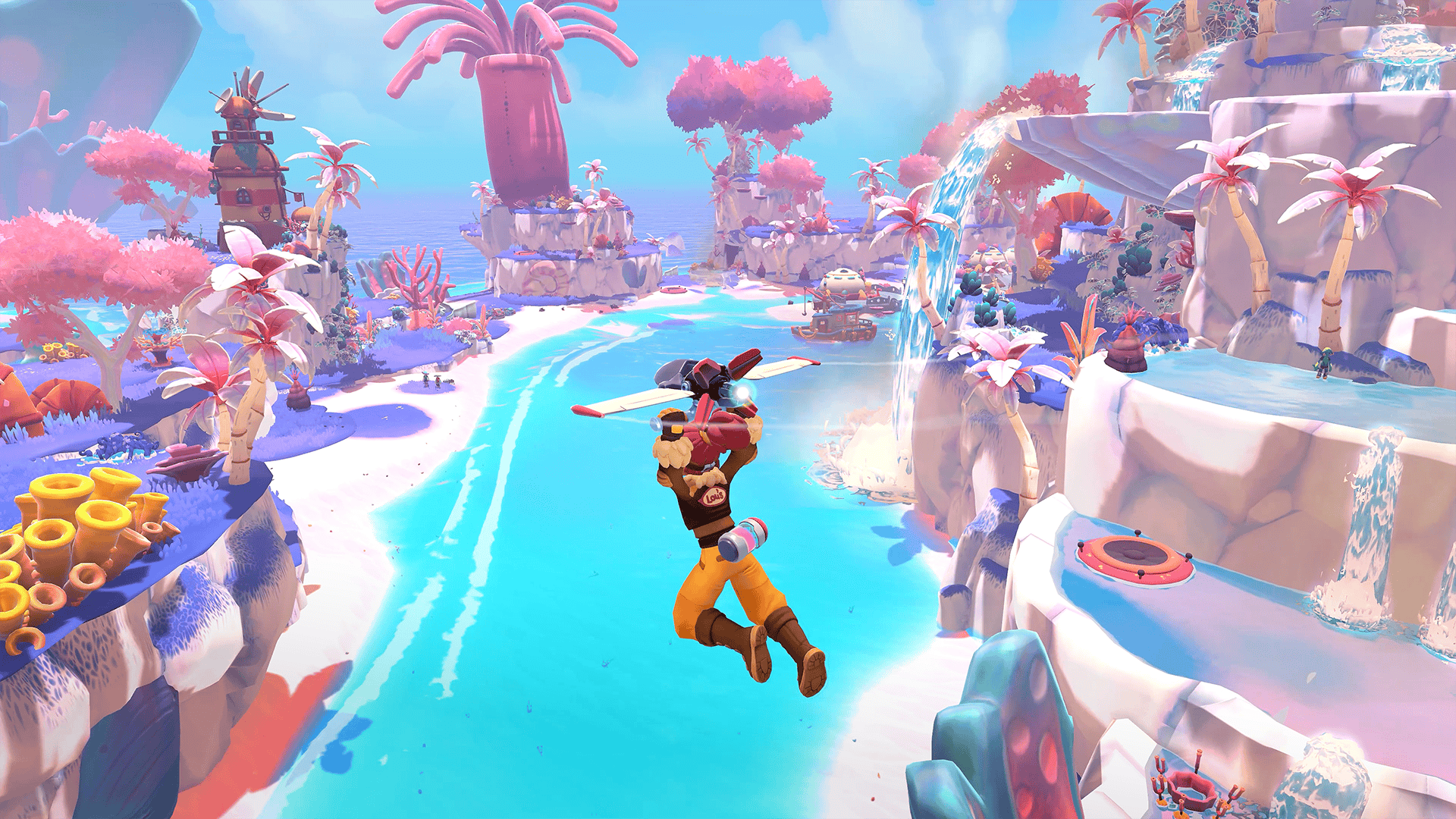 The Player Character using a futuristic glider to explore an island