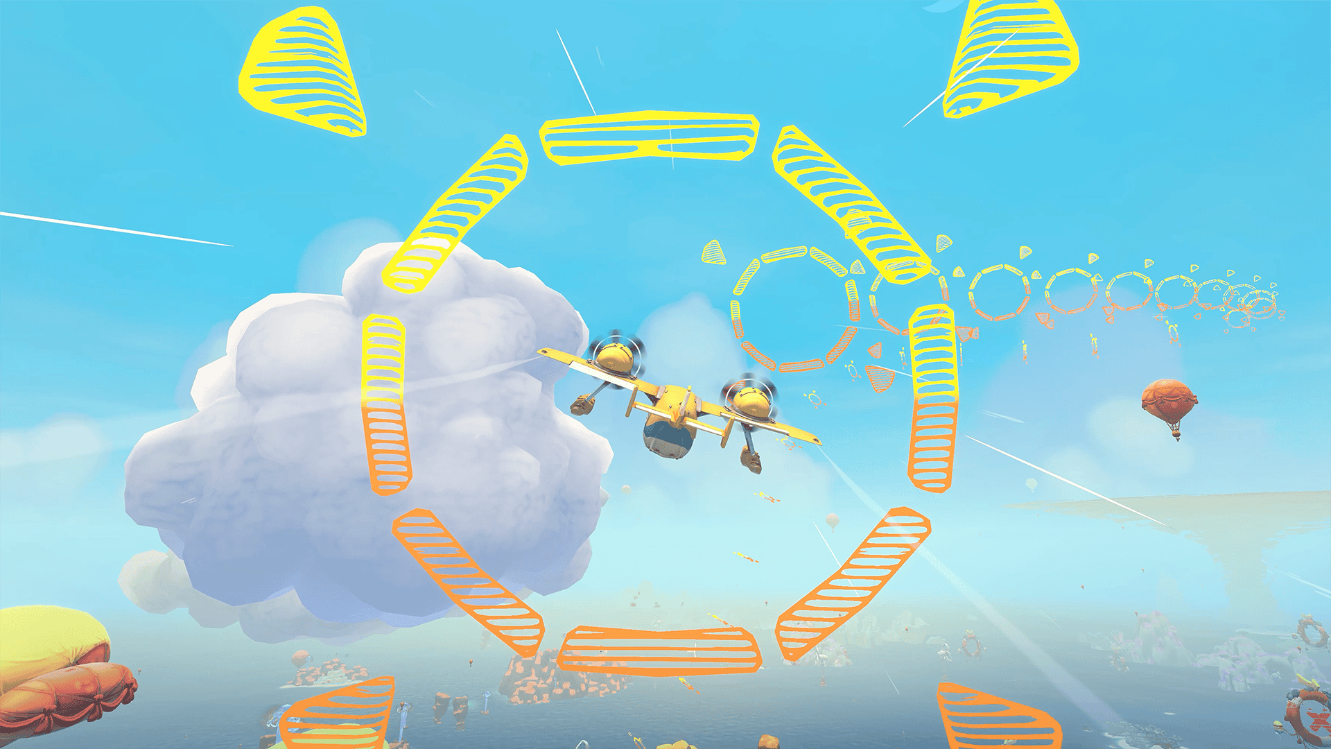 A seaplane flying through a circular waypoint in an aerial course