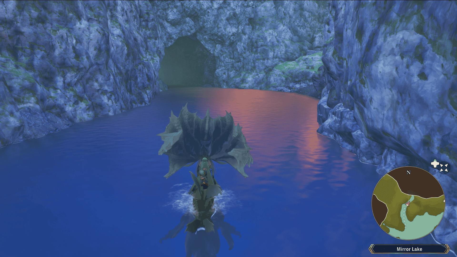 Screenshot from Monster Hunter Stories 3 showing a rider on the back of a leviathan-like monster, swimming down a river at night towards a cave opening.