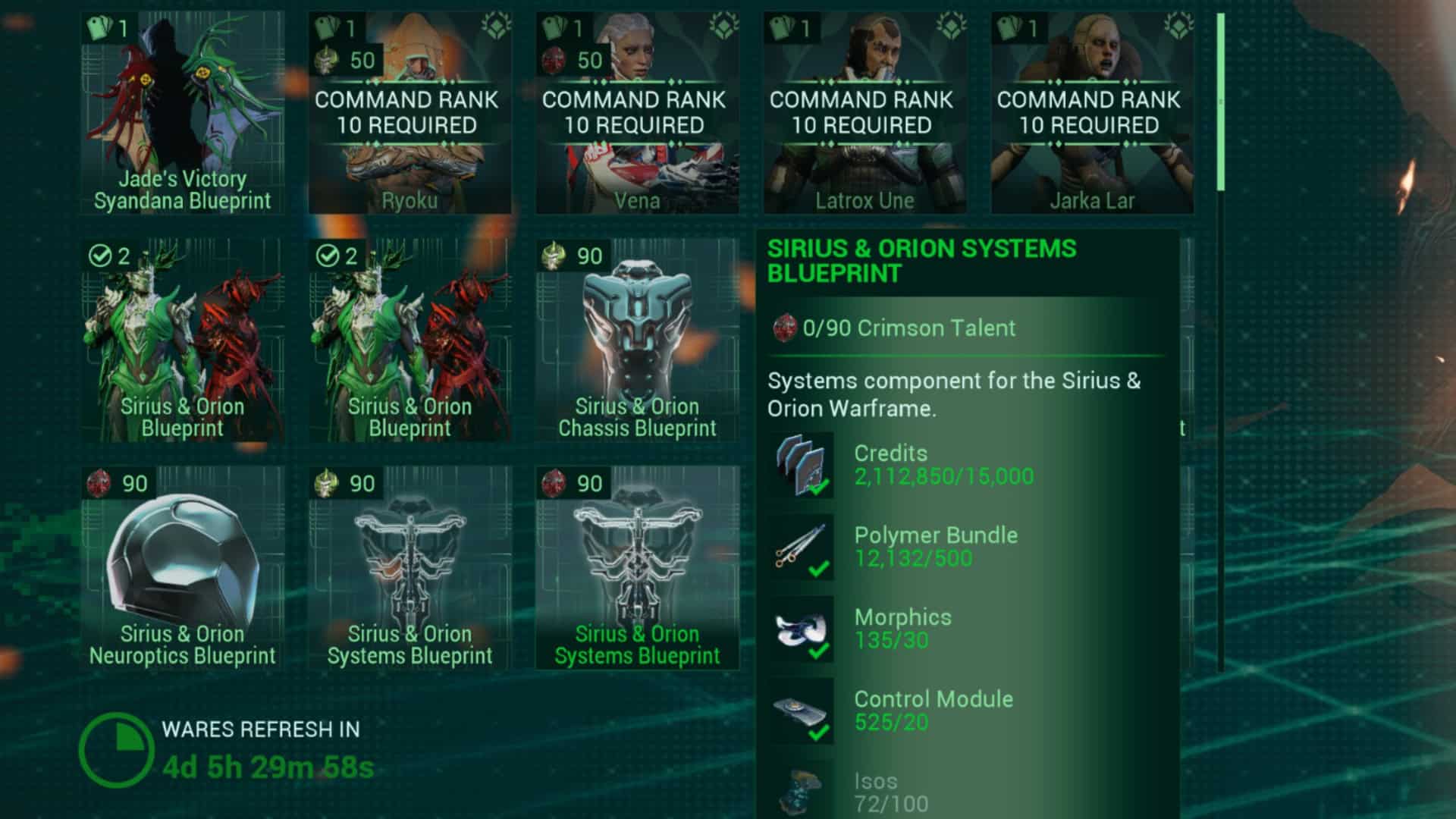 Warframe tower vendor menu
