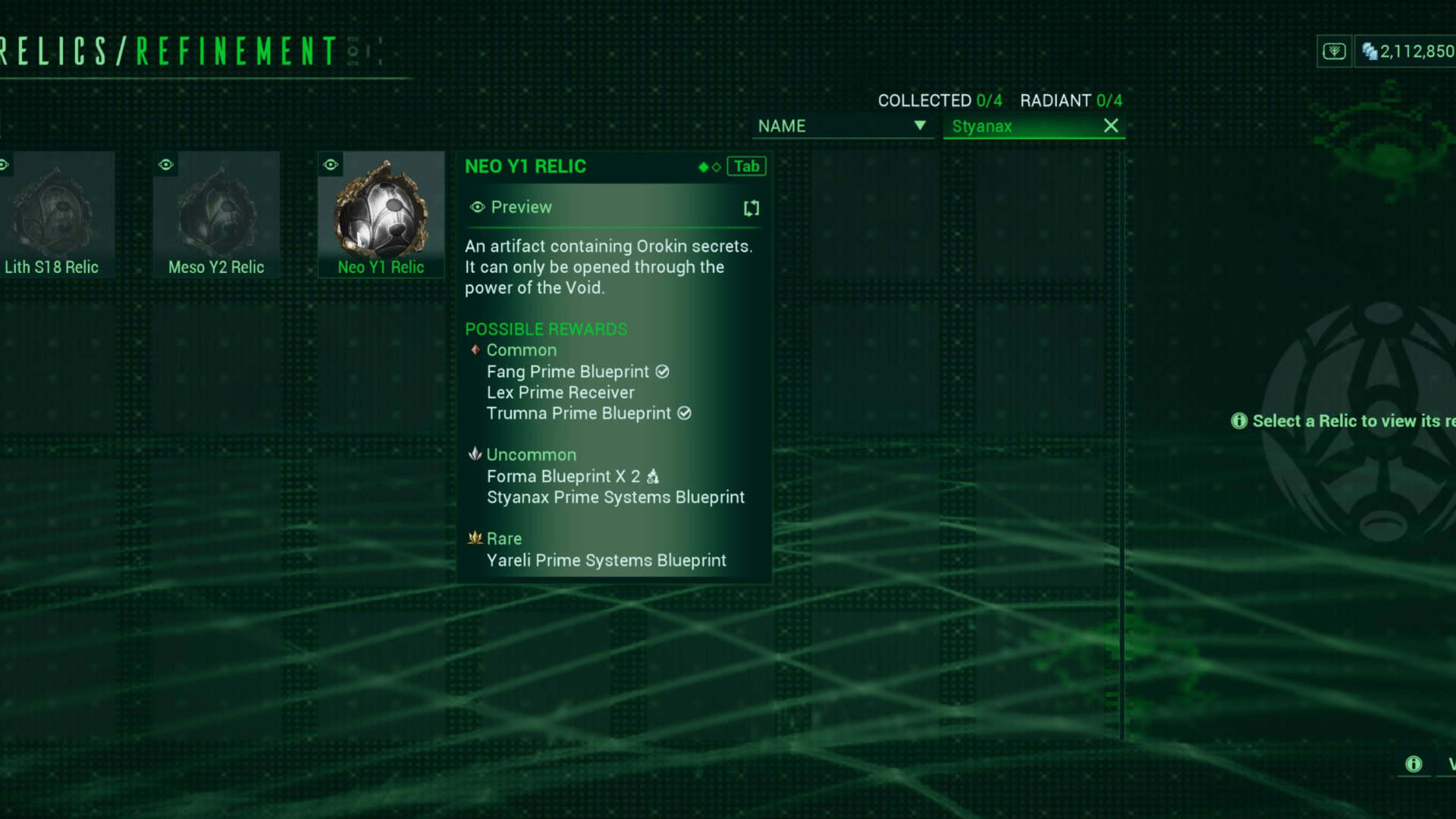 Warframe Relics menu.