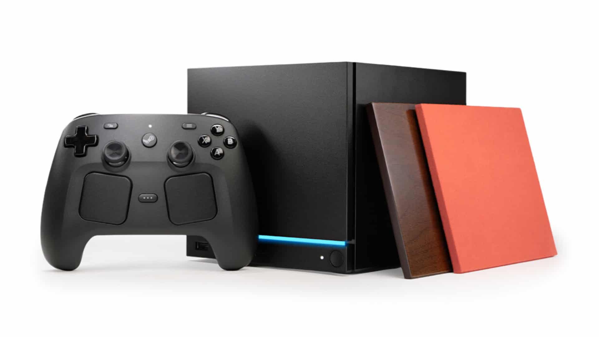 Steam Machine with some colored plates on the side and the Steam Controller