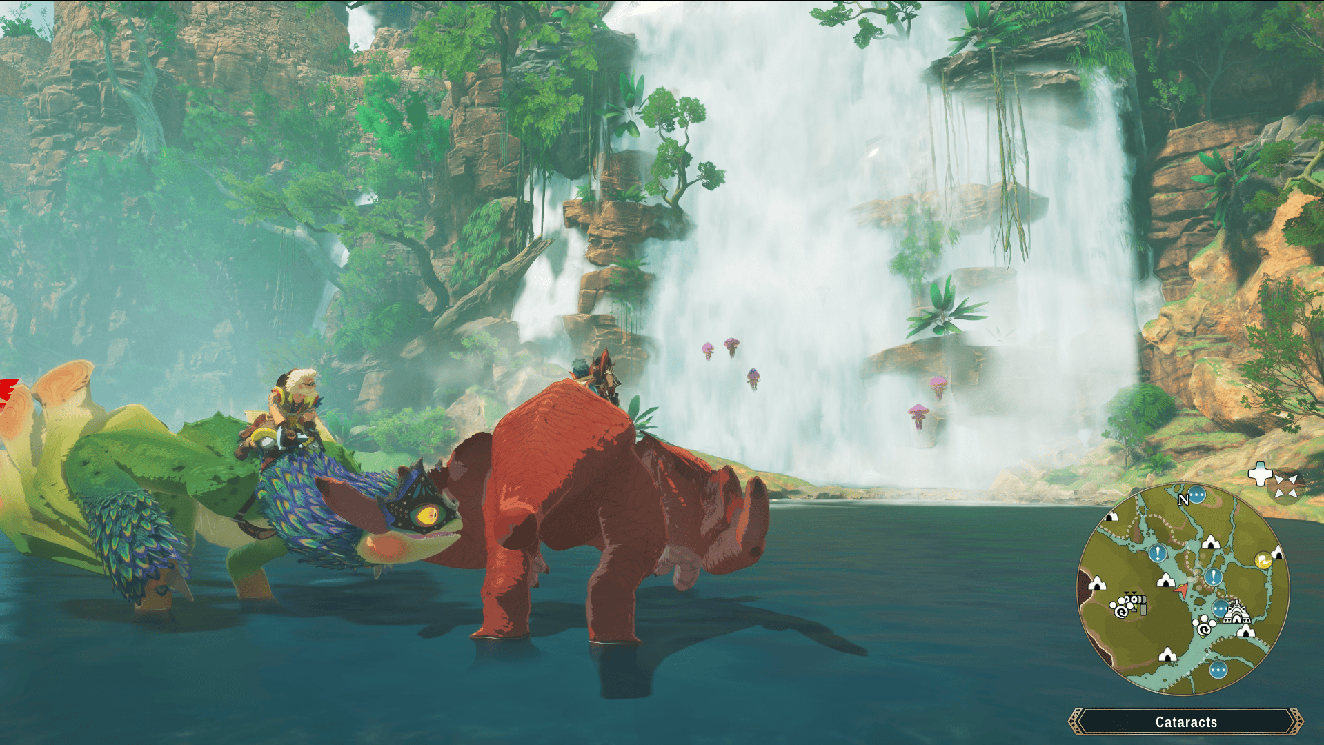 Screenshot from Monster Hunter Stories 3, showing a rider on a Red Khezu and a rider on a Pukei-Pukei standing before a waterfall with jellyfish-like creatures floating in front of it