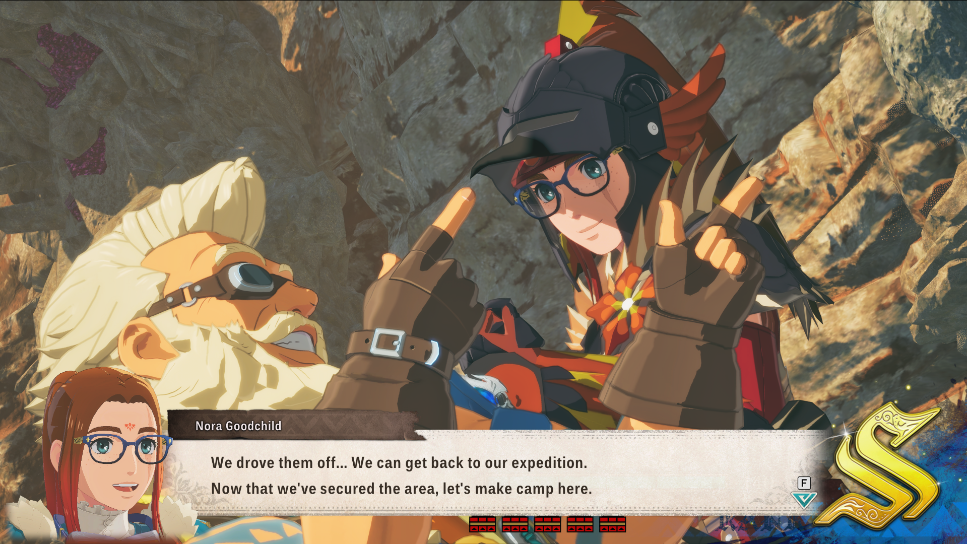 Screenshot from Monster Hunter Stories 3 showing the player character celebrating an S-rank with Ogden. The player character says, 'We drove them off...We can get back to our expedition. Now that we've secured the area, let's make camp here.'