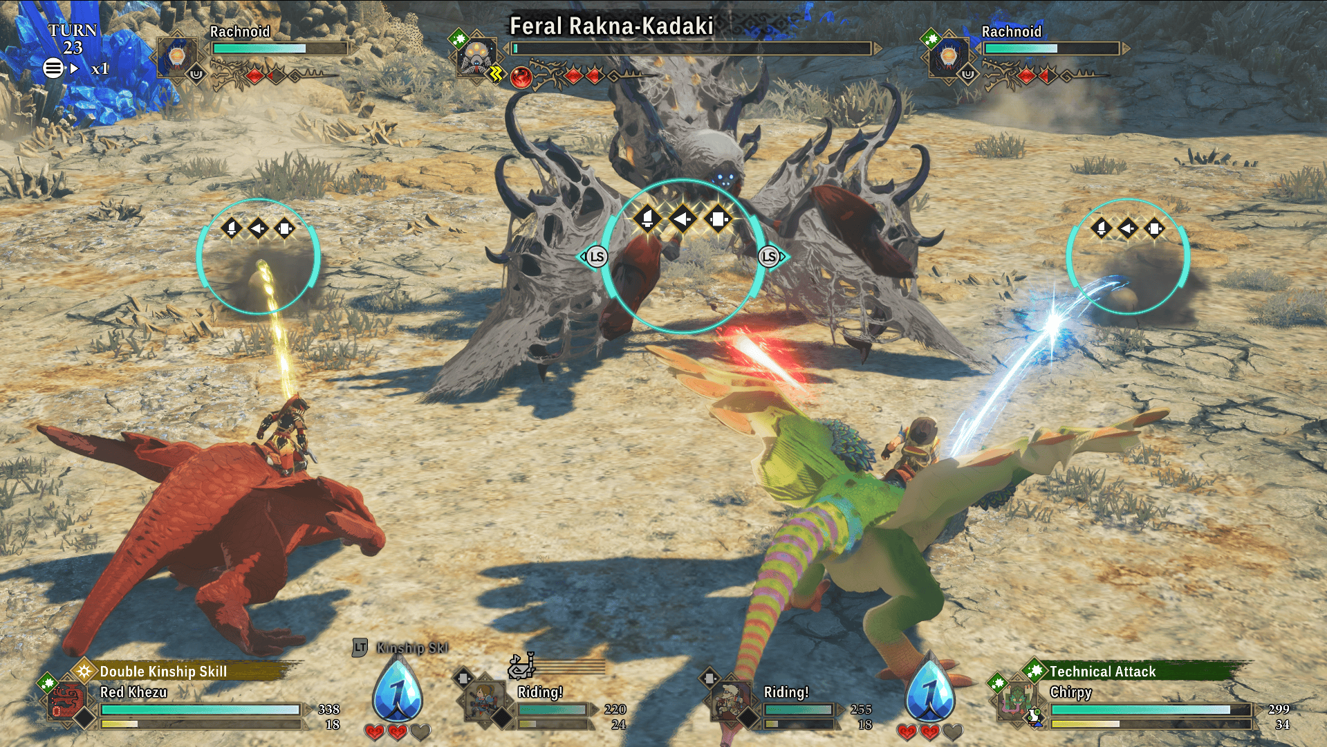 Screenshot from Monster Hunter Stories 3, showing a rider on a Red Khezu and a rider on a Pukei-Pukei targeting a Feral Rakna-Kadaki - a spider-like monster - and the two Rachnoids (smaller spiders) that flank it